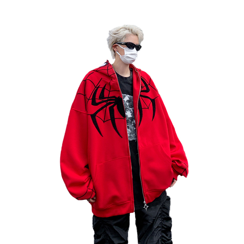 Áo nỉ hoodie nam mùa xuân thu rộng rãi thêu nhện có mũ, áo khoác nam hoạ tiết phong cách mới 7832