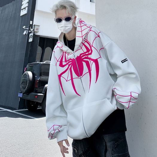 Áo nỉ hoodie nam mùa xuân thu rộng rãi thêu nhện có mũ, áo khoác nam hoạ tiết phong cách mới 7832