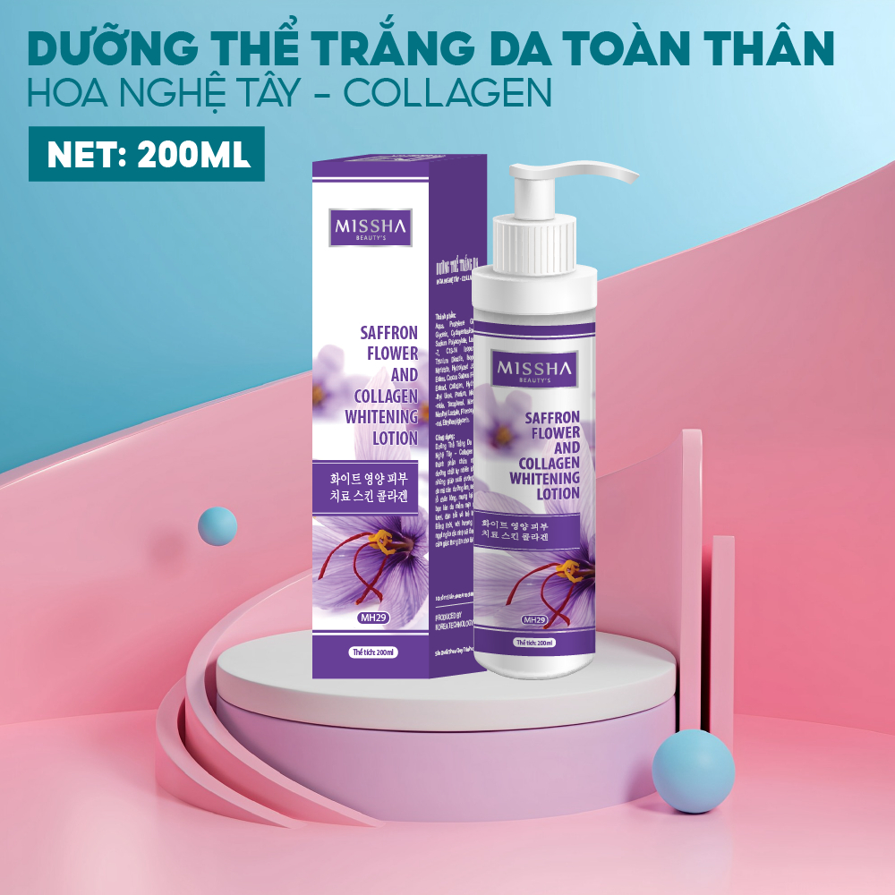 Dưỡng thể trắng da ngăn ngừa thâm sạm cho body giúp giữ ẩm mềm mịn da chiết xuất hoa nghệ tây collagen Missha 200ml