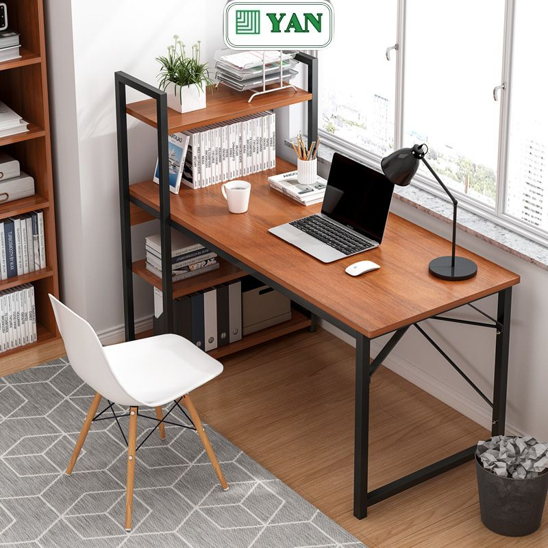 Bàn học bàn làm việc bàn máy tính khung sắt kèm kệ sách 4 tầng
