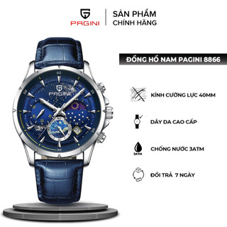  Đồng hồ nam dây da PAGINI PA8866 mặt tròn sang trọng lịch lãm lịch ngày kim dạ quang 