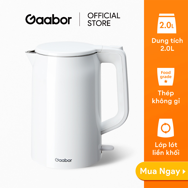 Bình đun nước siêu tốc 2L Gaabor EK20M-WH01A công suất 1500W cao cấp ấm đun inbox 304 cách nhiệt