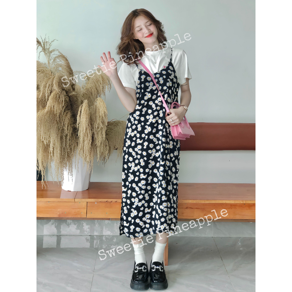 (HÀNG SẴN) Váy yếm hai dây hoa cúc MORAN dáng dài vintage Hàn Quốc nhẹ nhàng-(Kèm ảnh thật tự chụp) | BigBuy360 - bigbuy360.vn