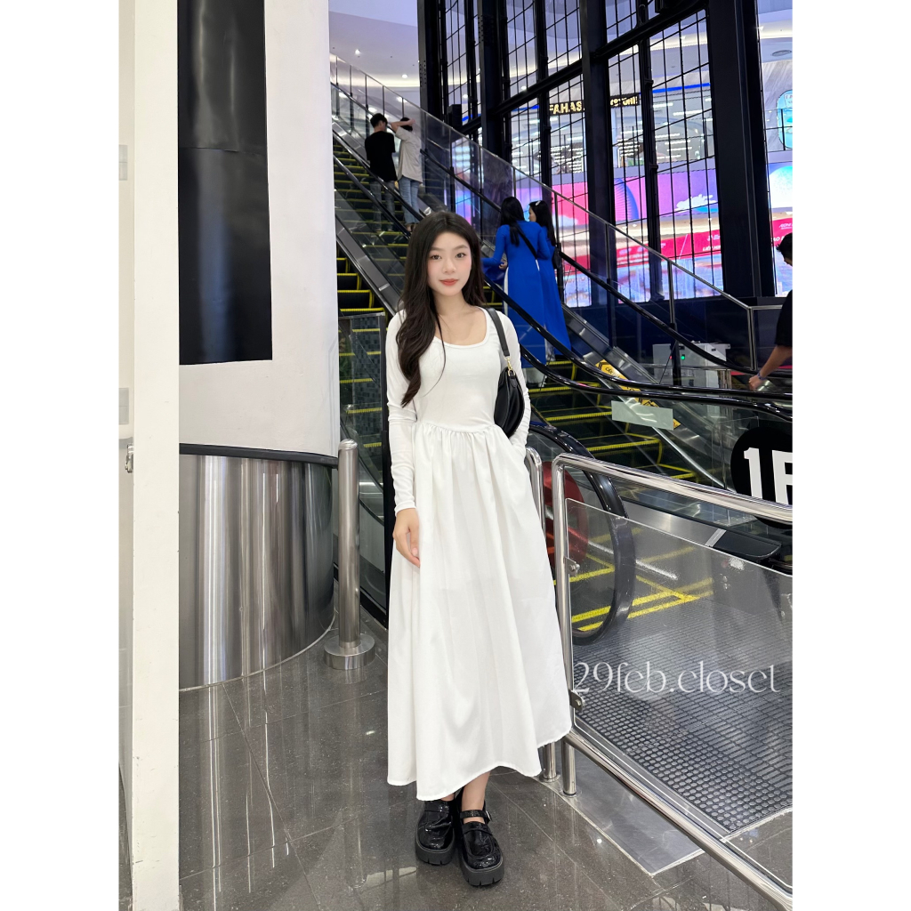 Váy xinh dài tay chất thun tăm phối thô mềm 29feb.closet dáng xòe dài mùa thu đông - V145