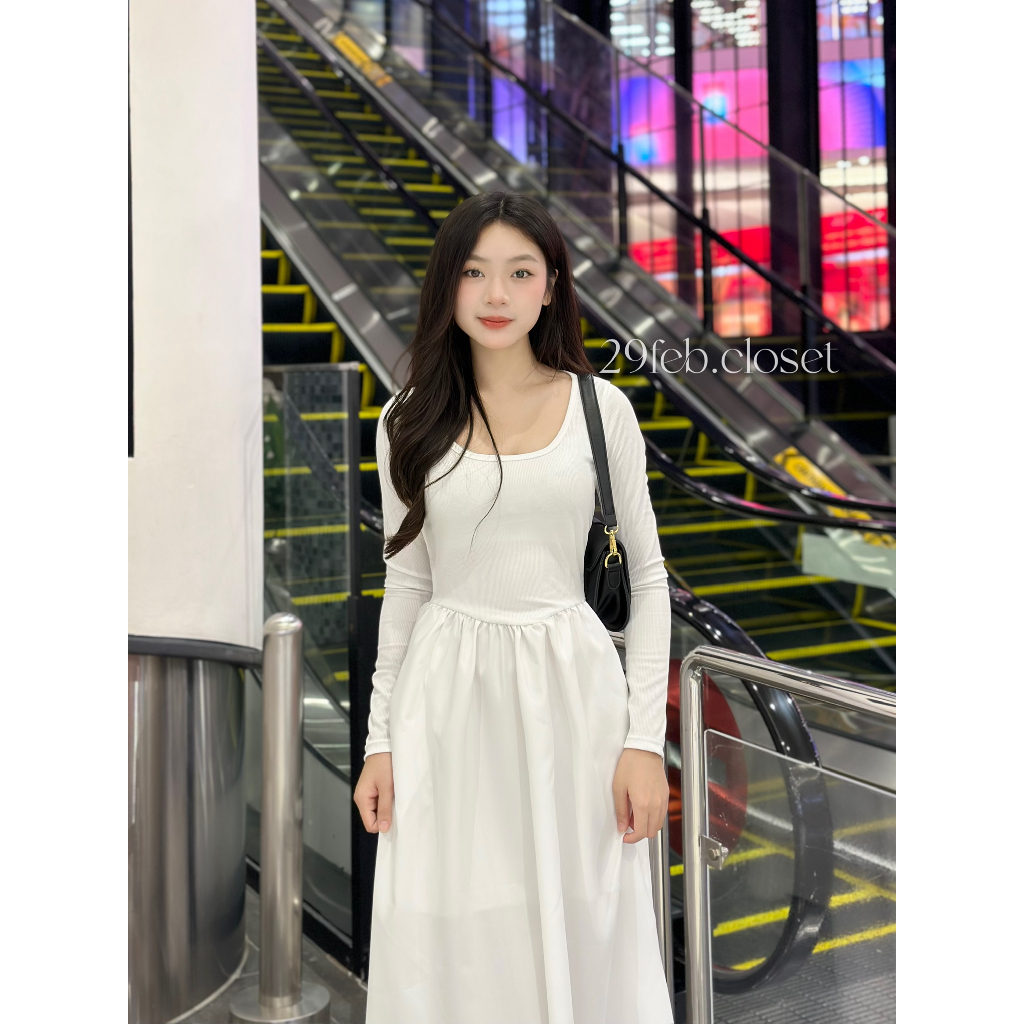 Váy xinh dài tay chất thun tăm phối thô mềm 29feb.closet dáng xòe dài mùa thu đông - V145