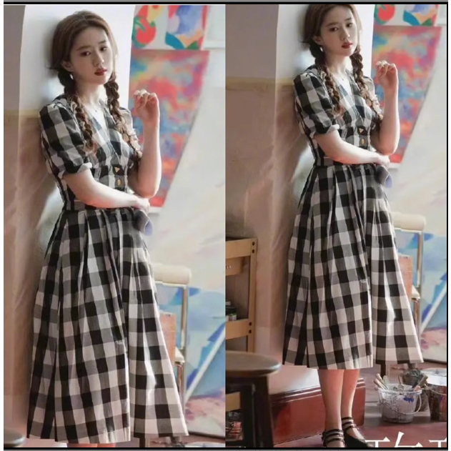 Câu chuyện hoa hồng Lưu Diệc Phi cùng phong cách kẻ sọc set sơ mi tay phồng ngắn váy eo cao