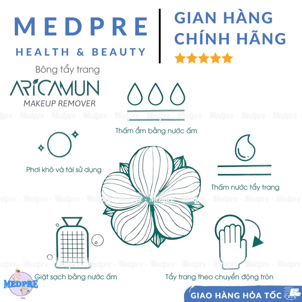Bông tẩy trang từ hoa Cotton Aricamun - Hộp 20 miếng + 1 túi giặt bông - Medpre