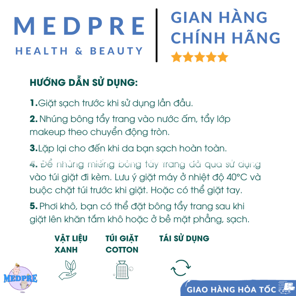 Bông tẩy trang từ hoa Cotton Aricamun - Hộp 20 miếng + 1 túi giặt bông - Medpre