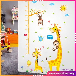 Tranh decal dán tường cho bé đo chiều cao khỉ và hươu cao cổ, tranh đề can dán tường cho bé đo chiều cao XL8337