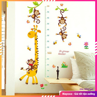 Tranh đề can, decal dán tường cho bé đo chiều cao hươu cao cổ và khỉ leo dây 92
