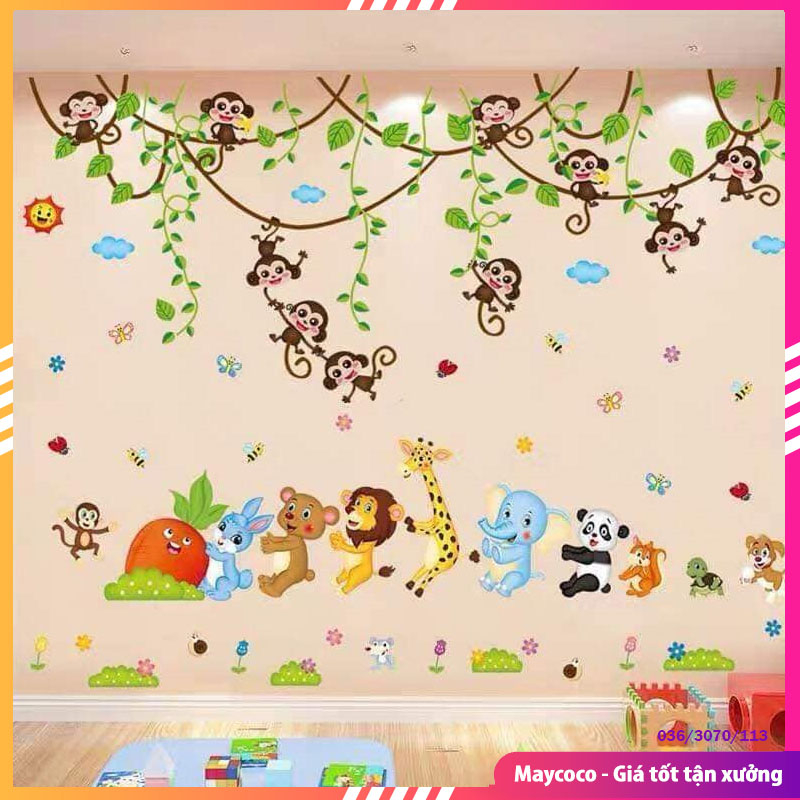Combo 2 Tranh đề can, decal dán tường cho bé khỉ và động vật đoàn kết, hình dán sticker cho bé các con vật