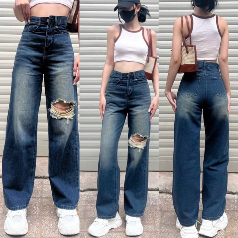 HM2T's Jeans-Quần jeans ống rộng lưng cao rách cá tính