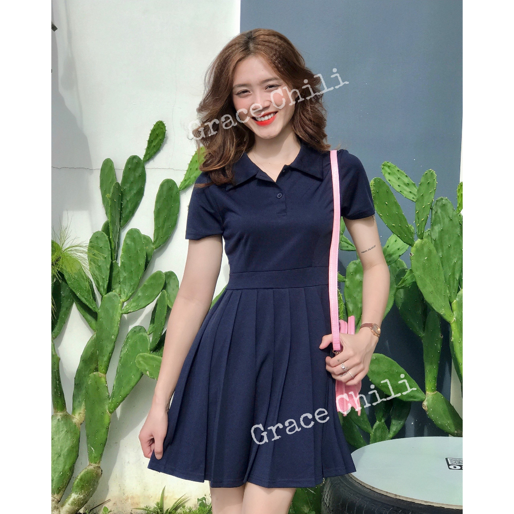 Váy sơ mi POLO cộc tay MORAn xòe ngắn xếp ly năng động Hàn Quốc-Kèm ảnh thật tự chụp