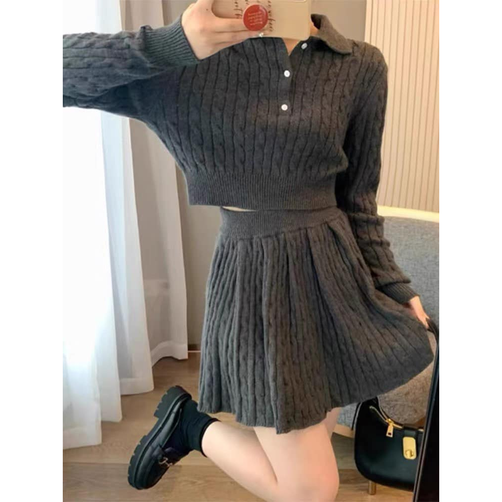 Sét len vặt thừng áo cổ bẻ cài cúc dài tay + chân váy cạp chun cao 3 màu