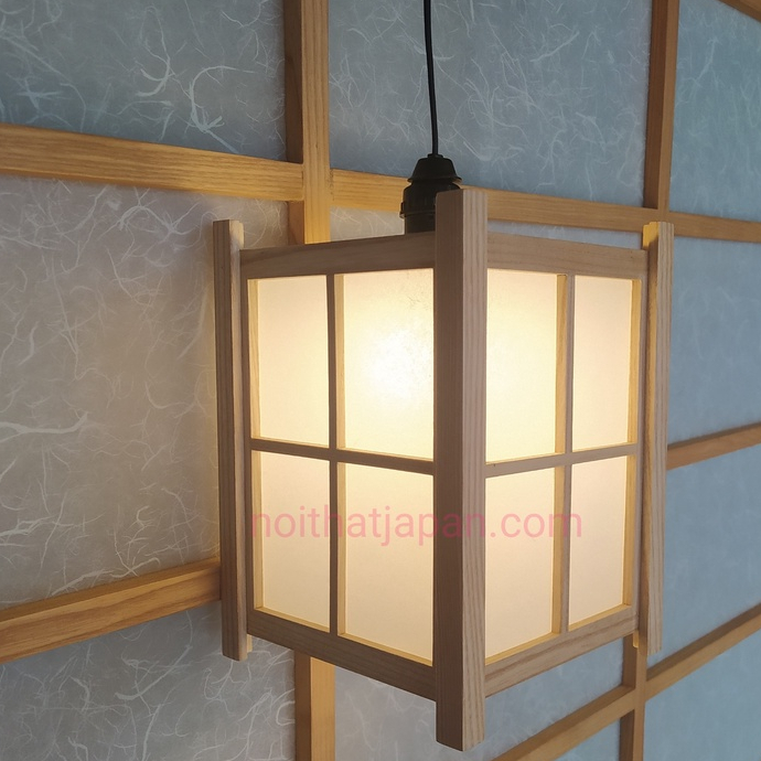 Đèn shoji thả trần, đèn gỗ trang trí phòng trà, phòng thiền, gỗ thông, Shoji Nhật, kt 18 x18 x24cm, gồm dây, đui E27