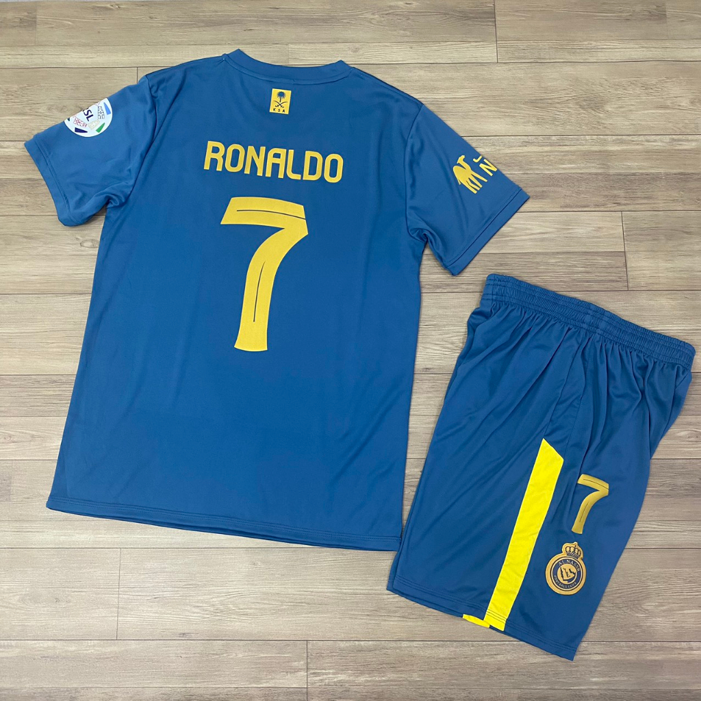 Bộ quần áo bóng đá Al Nassr xanh cổ vịt DK-2024 in tên số RONALDO