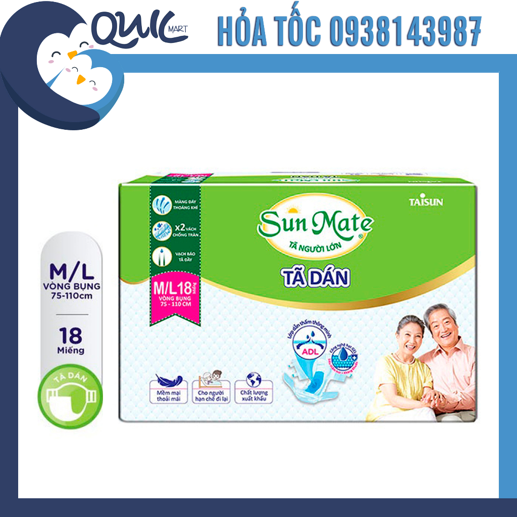 Tã dán Người già Sunmate M18/ M/L18/ XL18 miếng tặng 2 miếng