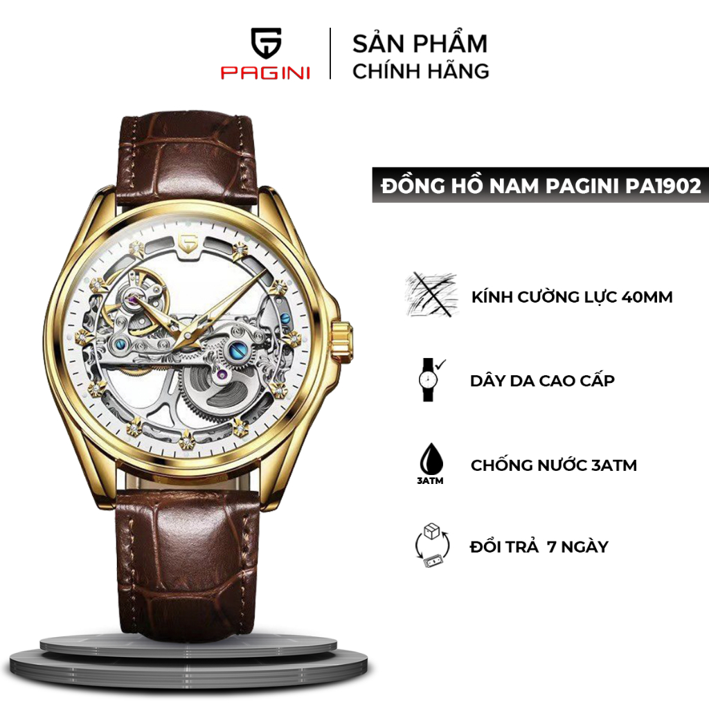 Đồng Hồ Cơ Nam máy Automatic Pagini PA1902 dây da cao cấp sang trọng fullbox