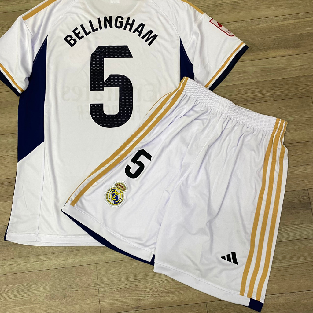 Bộ quần áo bóng đá REAL trắng 2024 in tên cầu thủ BELLINGHAM font Laliga chuẩn đẹp