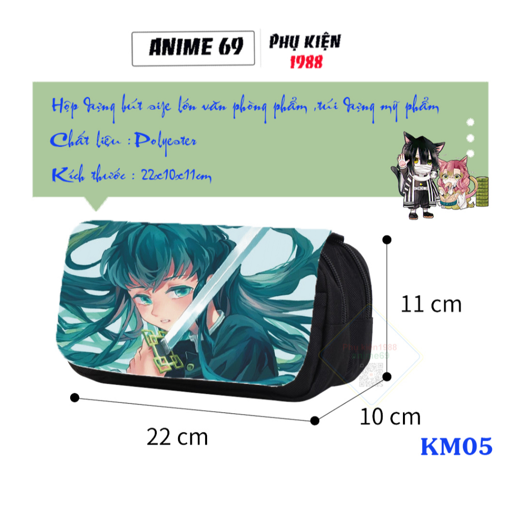 Hộp bút anime 2 ngăn size lớn in hoạt tiết kimetsu yaiba cho học sinh, sinh viên , túi dụng mỹ phẩm