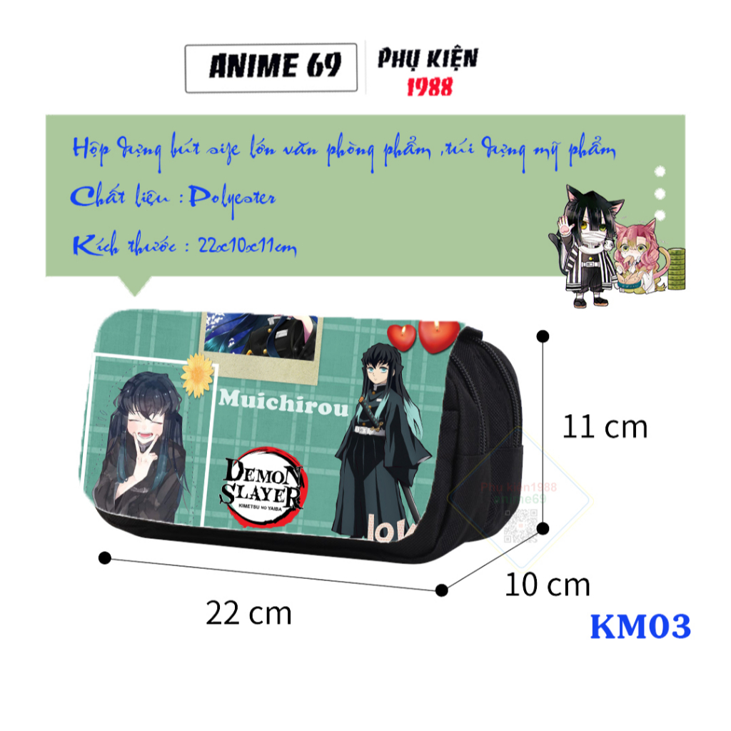 Hộp bút anime 2 ngăn size lớn in hoạt tiết kimetsu yaiba cho học sinh, sinh viên , túi dụng mỹ phẩm
