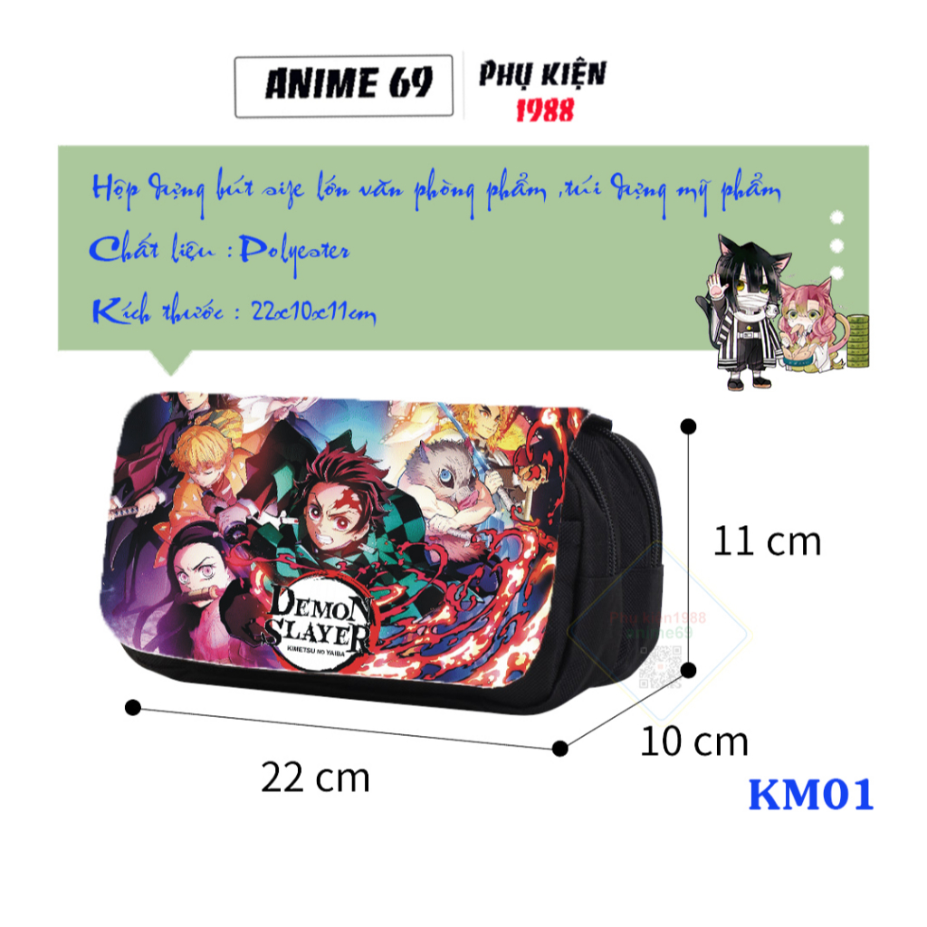 Hộp bút anime 2 ngăn size lớn in hoạt tiết kimetsu yaiba cho học sinh, sinh viên , túi dụng mỹ phẩm