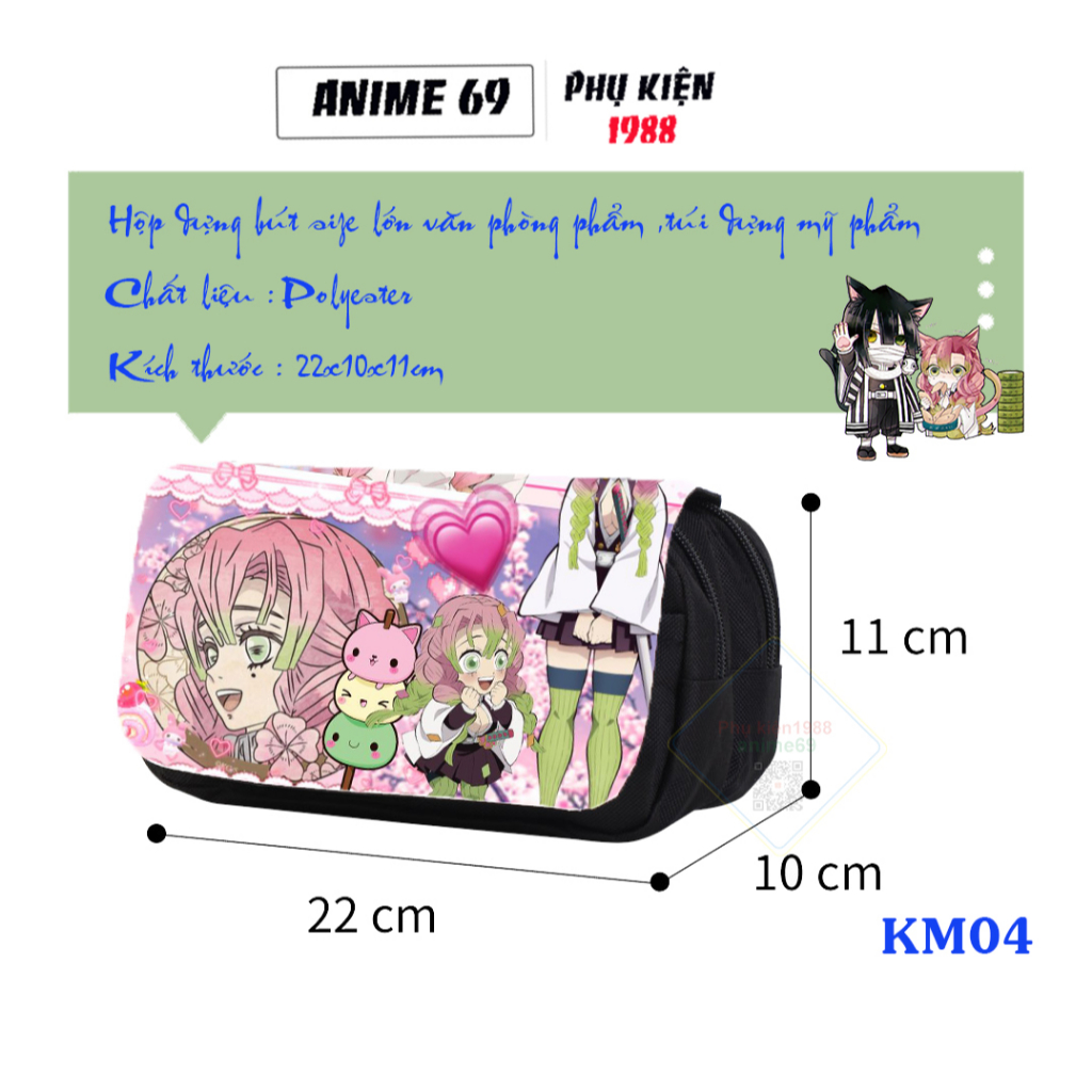 Hộp bút anime 2 ngăn size lớn in hoạt tiết kimetsu yaiba cho học sinh, sinh viên , túi dụng mỹ phẩm