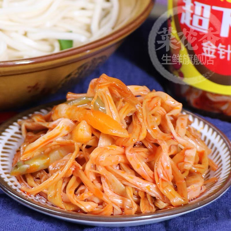 Nấm kim châm xào sốt cay/ Kim chi nấm kim châm lọ 210g - Món ăn kèm với cơm, bún, mỳ, phở, cháo