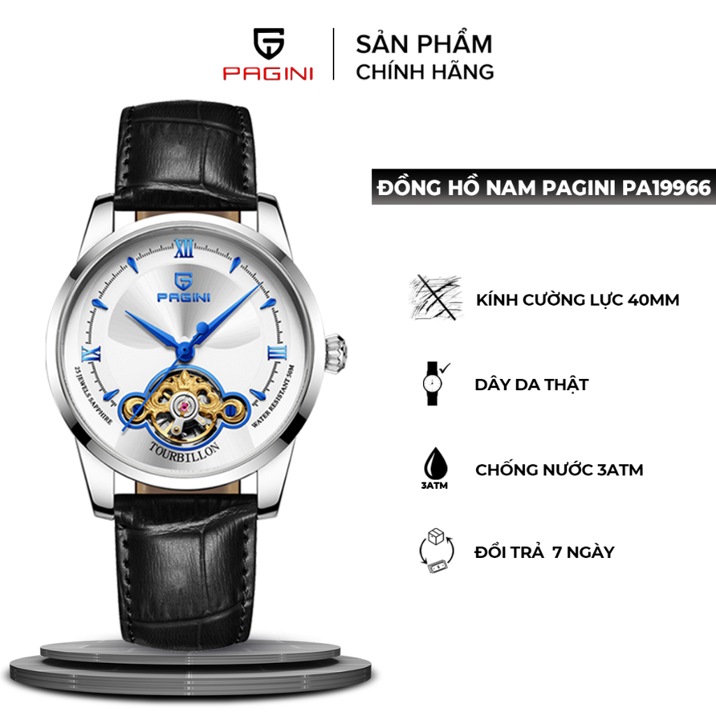 Đồng hồ cơ tự động dành cho Nam máy Automatic PAGINI PA19966 dây da sang trọng lịch lãm Full Box