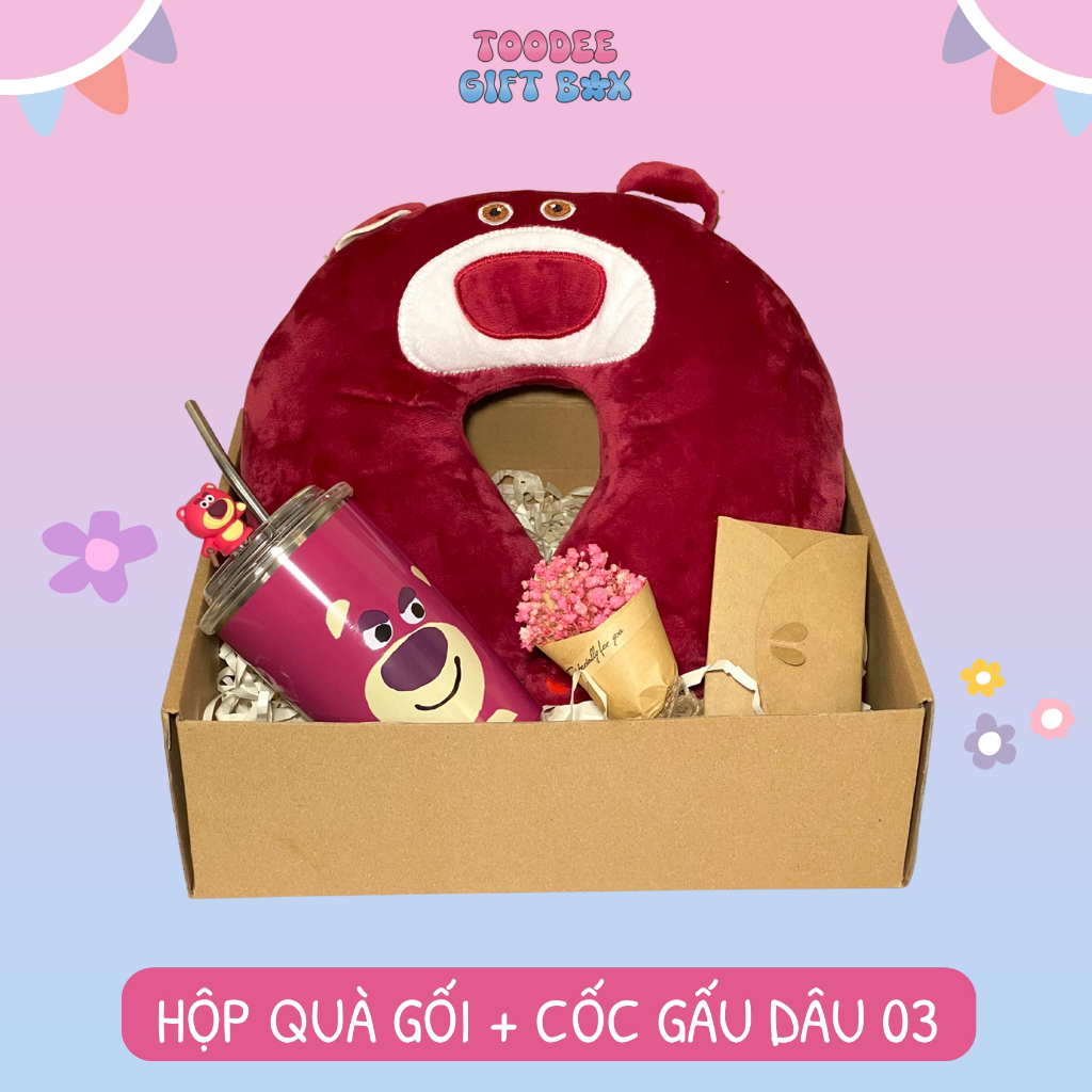Set quà Gối Và Cốc Nước Gấu Dâu, tặng bạn gái, người thân, bạn bè dịp đặc biệt, kèm thiệp và hoa Toodee Gift Box GD03