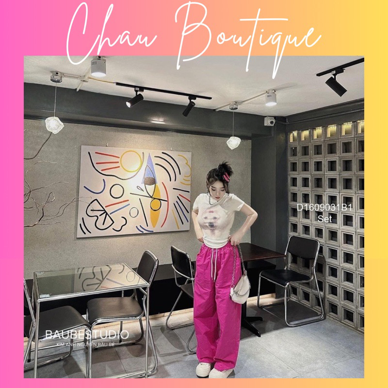 Set bộ áo tay ngắn form croptop ngực in hình phối quần dài suông đắp túi hộp!