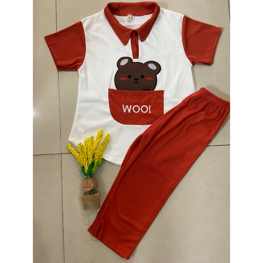 Set áo in gấu + quần lửng vải gân tăm siêu cute, thoải mái cho bé gái mặc nhà, đi chơi