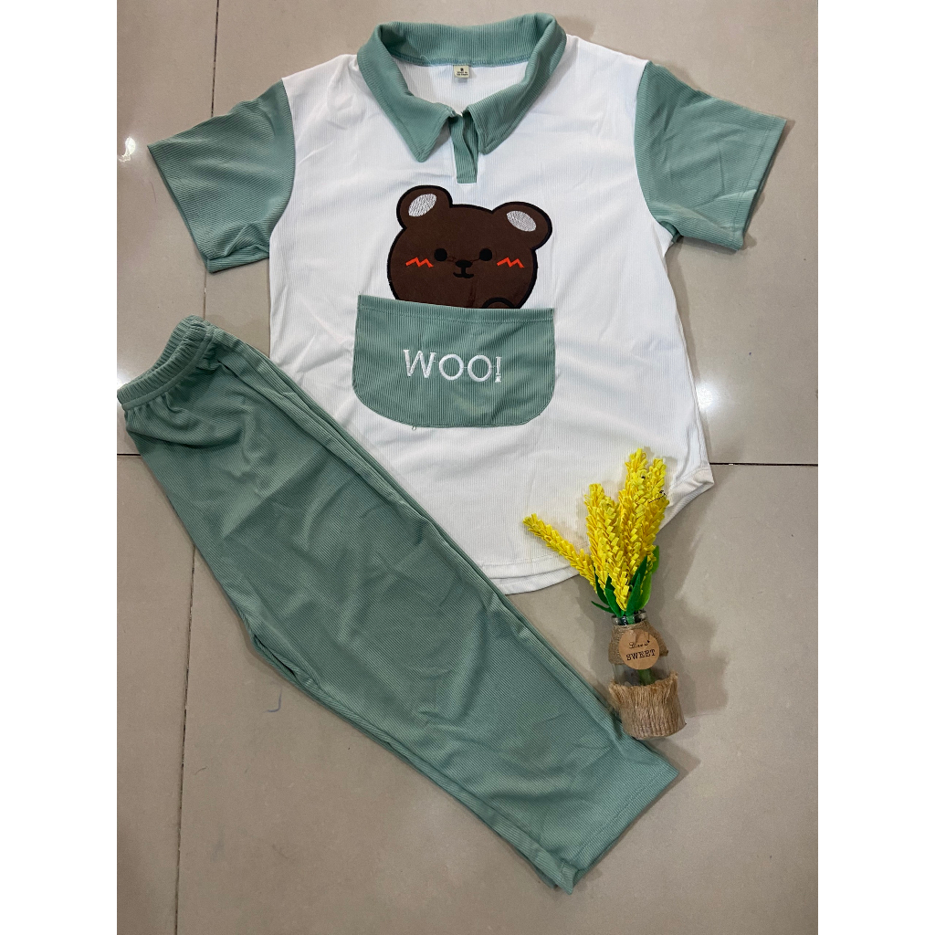Set áo in gấu + quần lửng vải gân tăm siêu cute, thoải mái cho bé gái mặc nhà, đi chơi