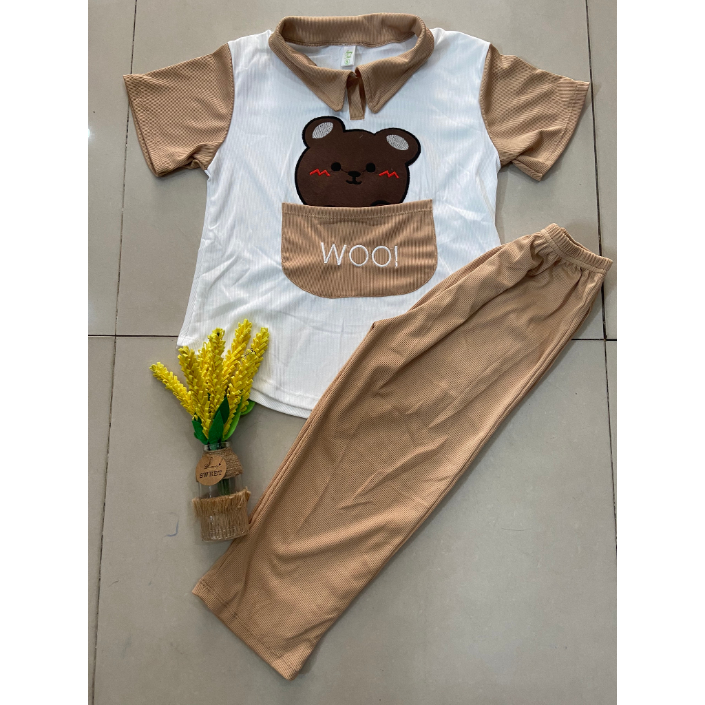 Set áo in gấu + quần lửng vải gân tăm siêu cute, thoải mái cho bé gái mặc nhà, đi chơi