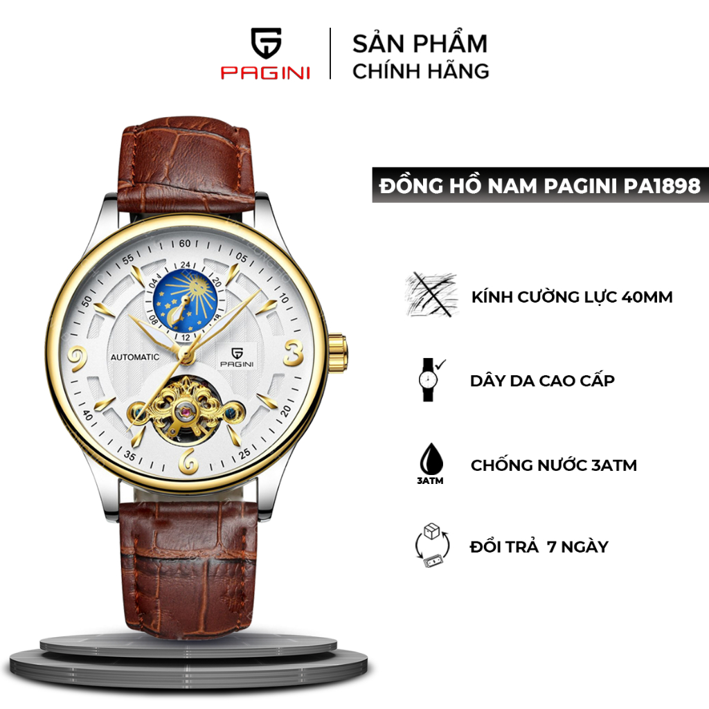 Đồng Hồ Cơ Nam máy Automatic Pagini PA1898 mặt kính chống xước, chống nước, dây da cao cấp