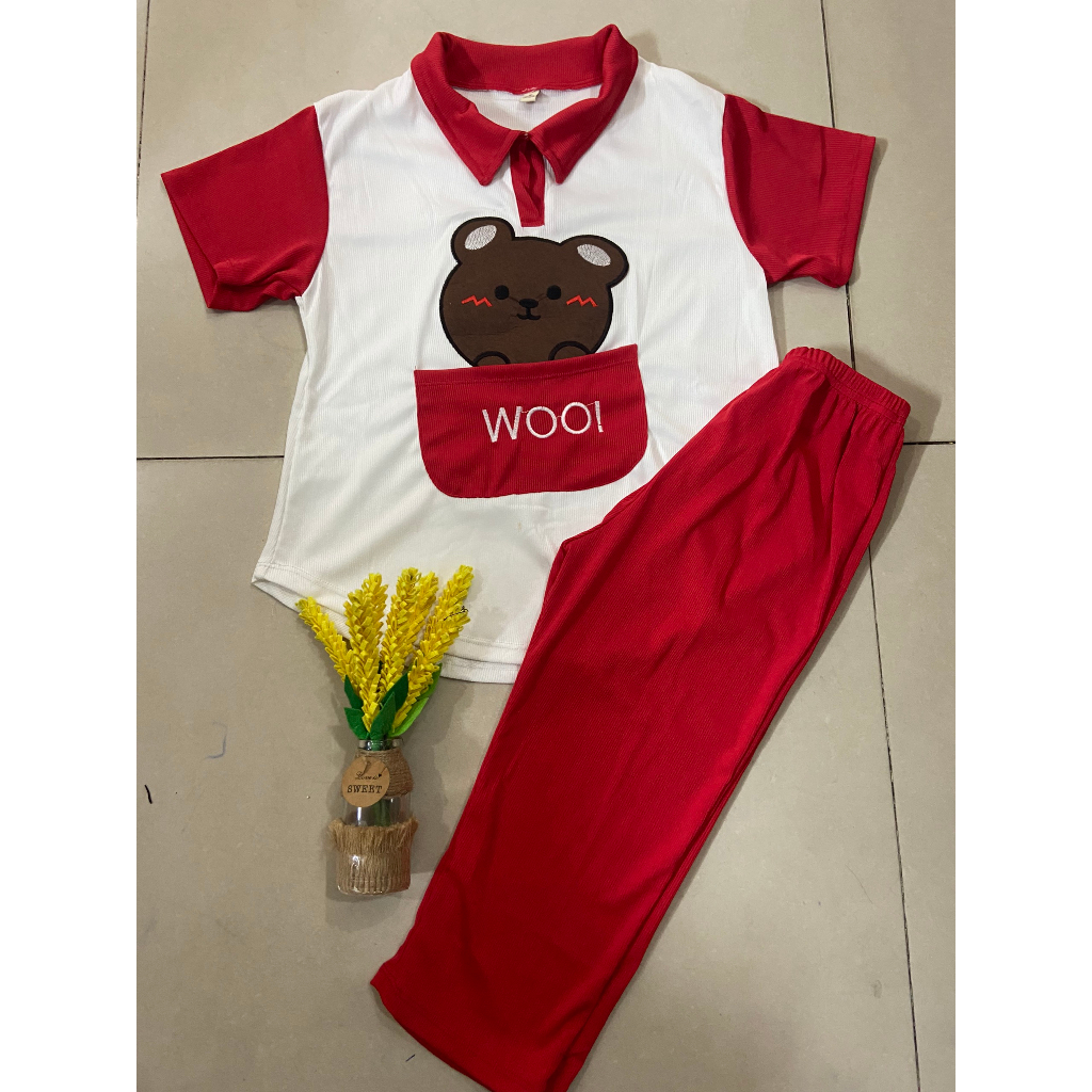 Set áo in gấu + quần lửng vải gân tăm siêu cute, thoải mái cho bé gái mặc nhà, đi chơi