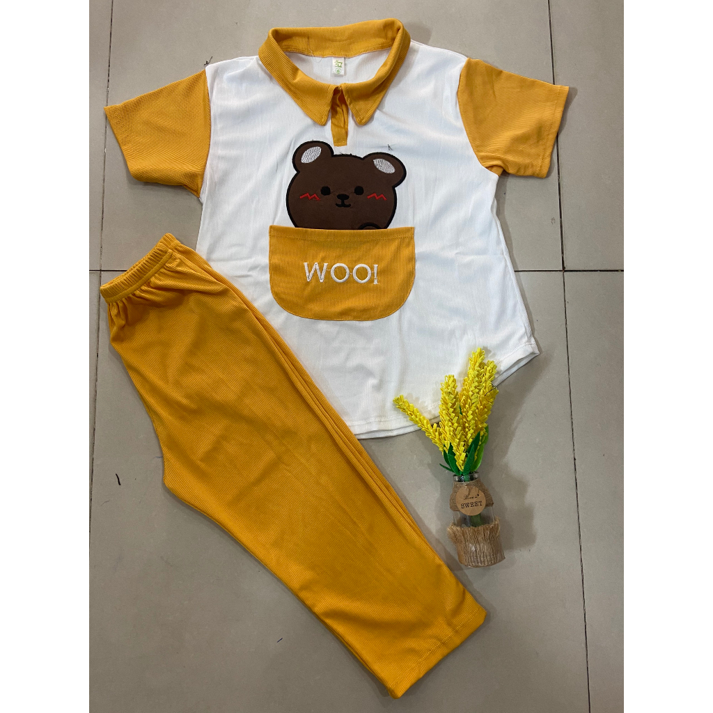 Set áo in gấu + quần lửng vải gân tăm siêu cute, thoải mái cho bé gái mặc nhà, đi chơi