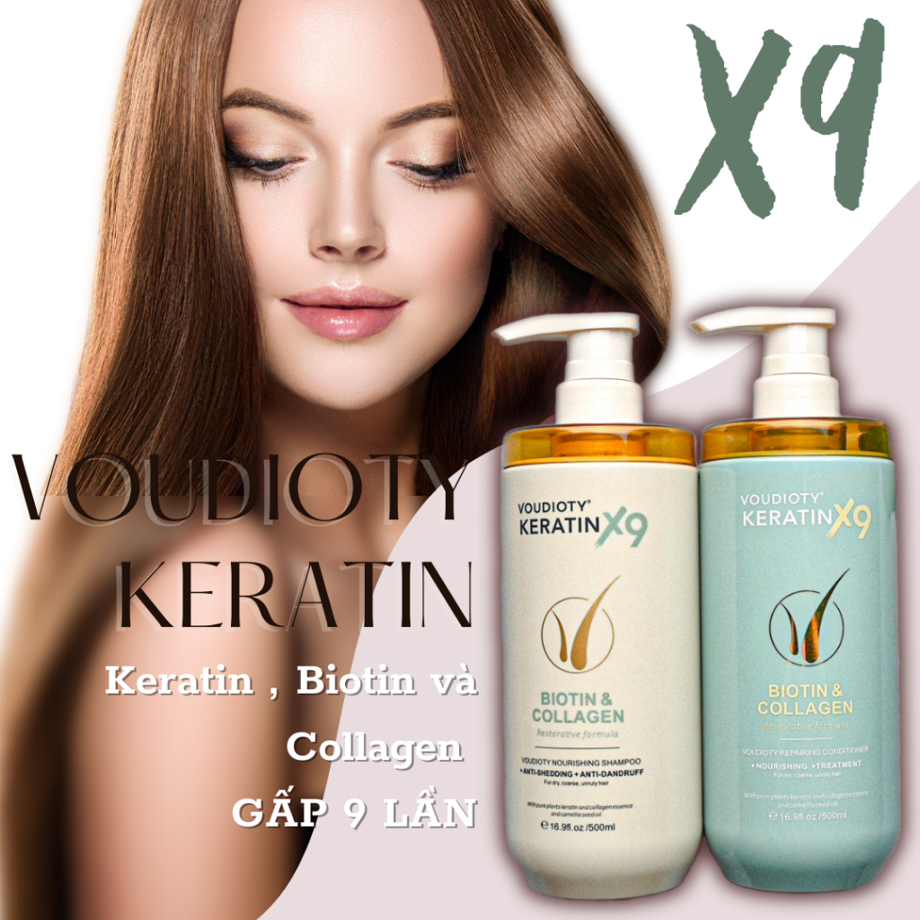 GỘI XẢ SIÊU MƯỢT NGĂN NGỪA RỤNG TÓC VOUDIOTY KERATIN X9 BIOTIN & COLLAGEN 500ml