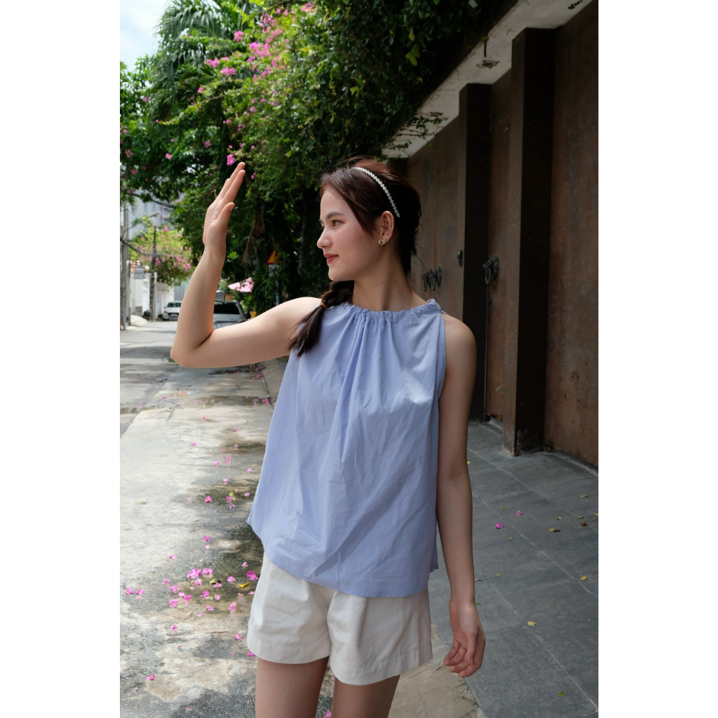 Áo sơ mi cổ yếm MENINA, áo sơ mi nữ vải sơ mi cotton dáng cổ yếm rút dây trẻ trung cho bạn gái