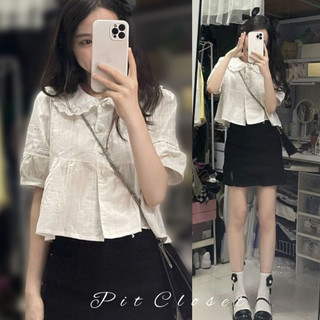 Áo sơ mi babydoll thô sọc dáng ngắn cổ sen 