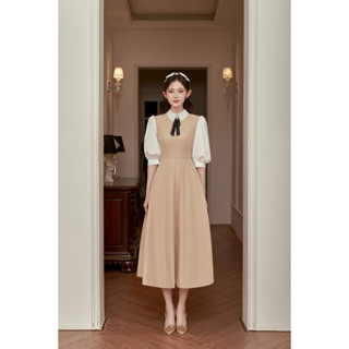 RACHEL DRESS - váy khaki hàn phối thun mịn kiểu nữ sang trọng thanh lịch tặng kèm nơ đá by Cherine