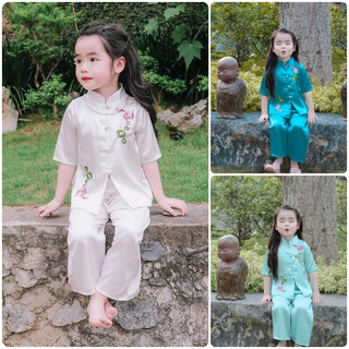Đồ lam đi chùa cho bé gái, đồ bà ba cho bé gái Thiên Di pháp phục cho bé lụa thêu cá ngọc D33