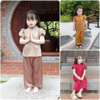 Đồ lam đi chùa cho bé gái chất vải lụa gấm Thượng Hải Thiên Di - Pháp phục cao cấp cho bé D34