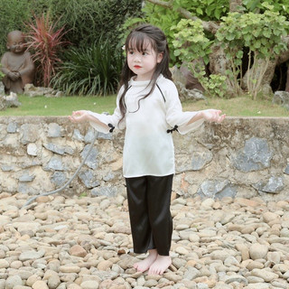 Đồ lam đi chùa cho bé gái chất vải lụa trơn cổ thắt bím Thiên Di - Pháp phục cho bé cao cấp D36