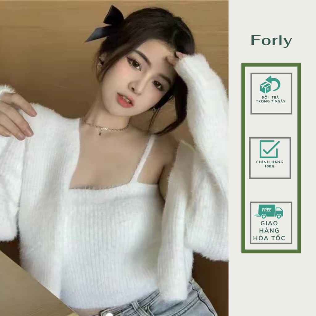 Áo croptop set 2 chi tiết cardigan Forgirlstudio KÈm áo 2 dây len lông thỏ quyến rũ siêu hot FG025