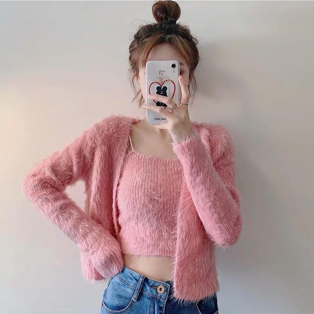 Áo croptop set 2 chi tiết cardigan Forgirlstudio KÈm áo 2 dây len lông thỏ quyến rũ siêu hot FG025