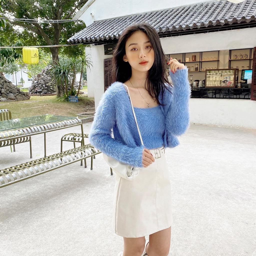 Áo croptop set 2 chi tiết cardigan Forgirlstudio KÈm áo 2 dây len lông thỏ quyến rũ siêu hot FG025