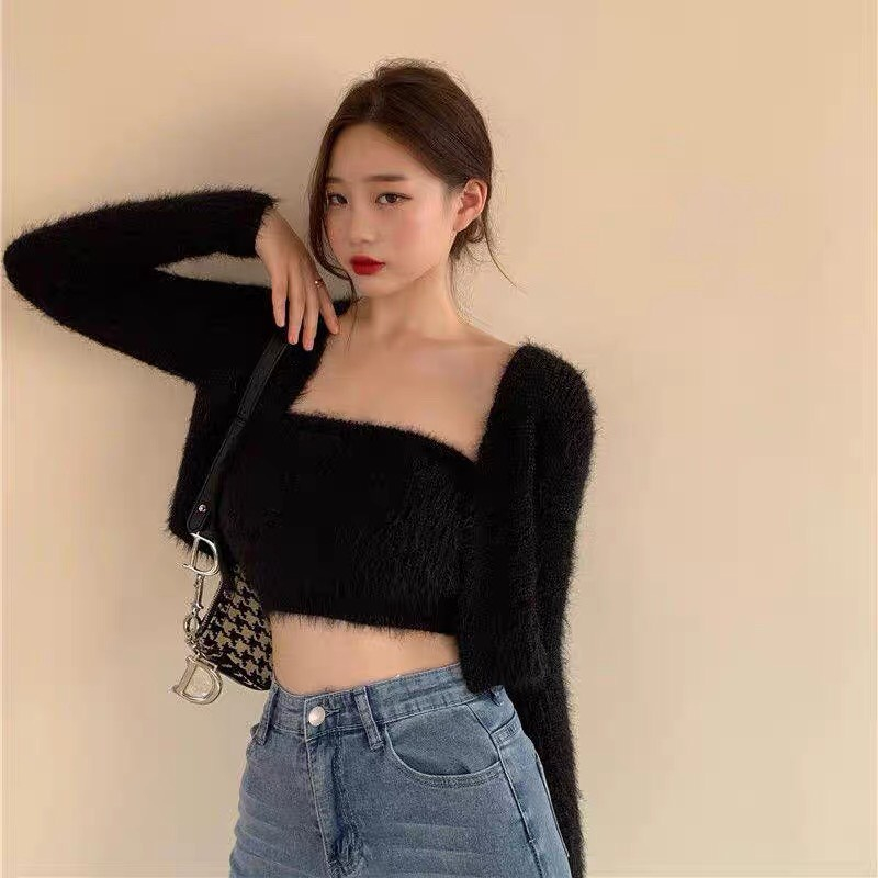 Áo croptop set 2 chi tiết cardigan Forgirlstudio KÈm áo 2 dây len lông thỏ quyến rũ siêu hot FG025