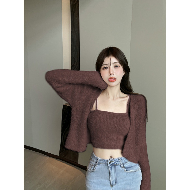 Áo croptop set 2 chi tiết cardigan Forgirlstudio KÈm áo 2 dây len lông thỏ quyến rũ siêu hot FG025