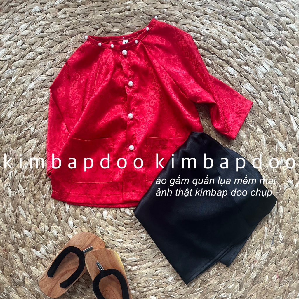 Bộ bà ba tay dài cho bé gái áo gấm quần lụa satin xinh xắn